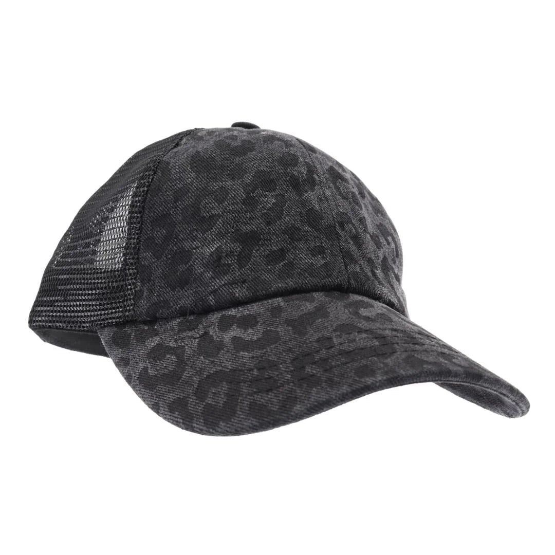 Leopard Denim Criss Cross Back Hat